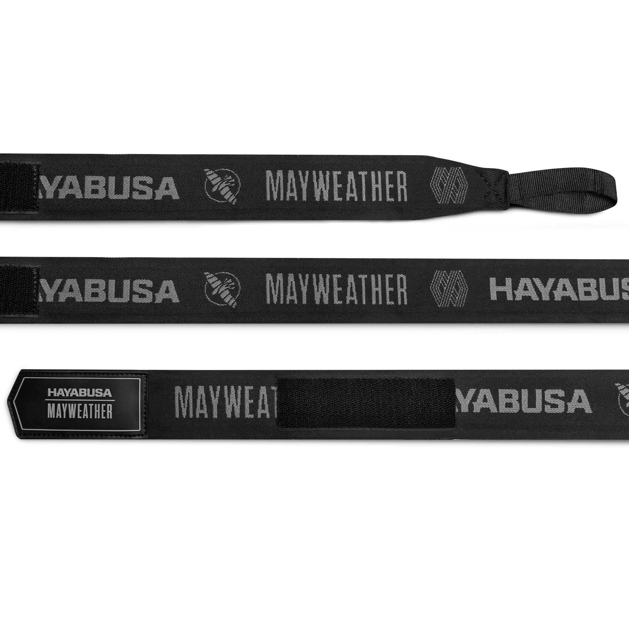 Bende da boxe Mayweather Deluxe nere e grigie srotolate per evidenziare la finitura dei materiali