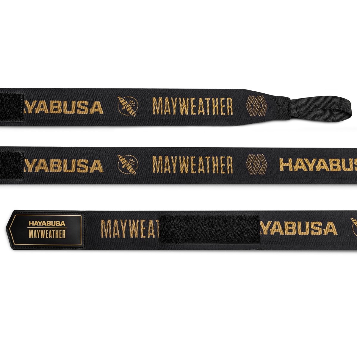 Bandagens de boxe Mayweather Deluxe pretas e douradas desenroladas para mostrar 4,5 metros de comprimento