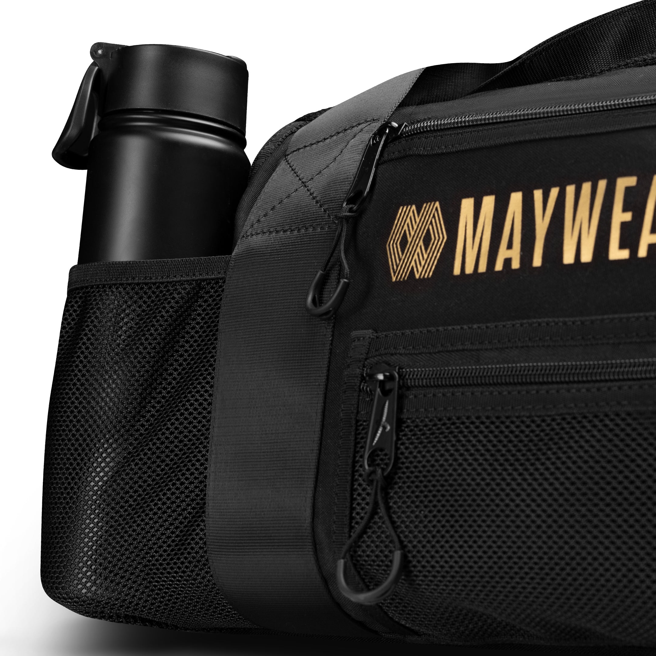 Dettaglio della tasca esterna porta borraccia in rete della borsa Mayweather Mesh