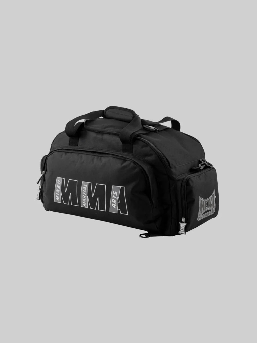 Black 40 liter Metal Boxing MMA sports bag with reinforced handles and shoulder strap