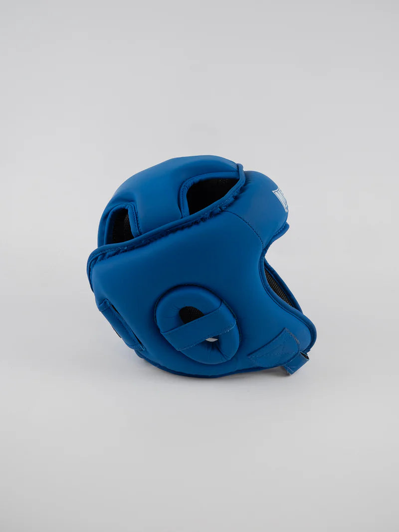 Vista laterale del caschetto Metal Boxe Competition blu, protezione orecchie