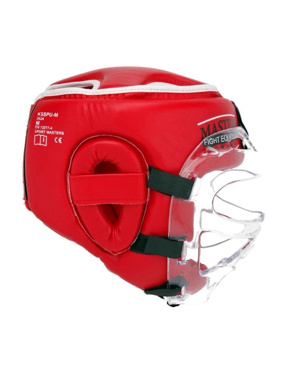 Zijprofiel van de rode WAKO-helm met de gehoorbescherming en vizierbevestiging