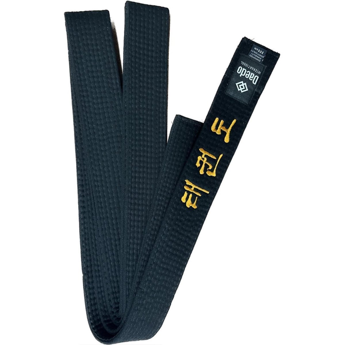 Daedo 5cm black belt with Taekwondo embroidery rolled up to show the thickness and fabric