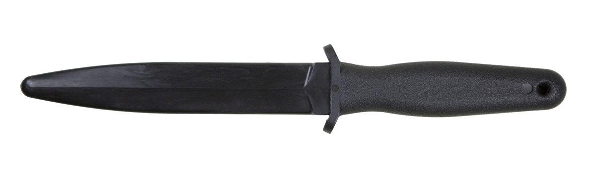Semi-flexible black rubber training knife for self-defense techniques
