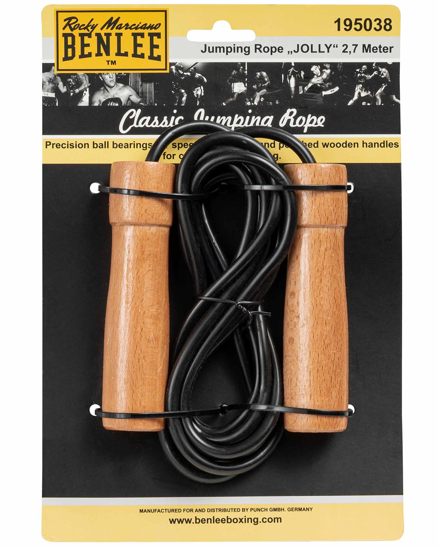 Vista nella scatola della corda per saltare BenLee Rocky Marciano in PVC con impugnature in legno di betulla