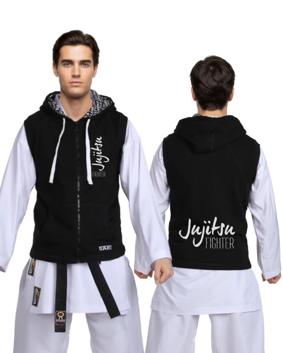 Itaki black Jiu Jitsu sleeveless sweatshirt with hood and zip for BJJ athletes