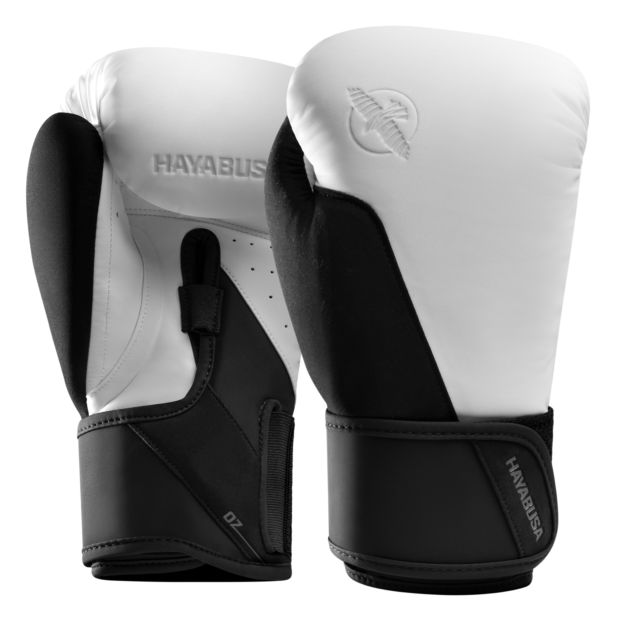 Guanti da boxe Hayabusa T360 bianchi e neri visti frontalmente in primo piano
