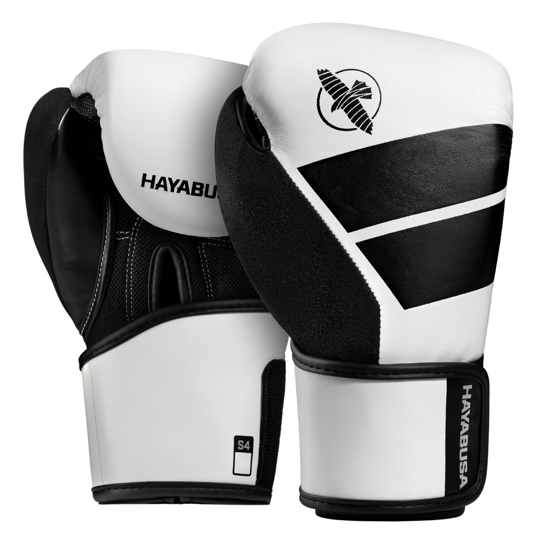 Coppia di guantoni da boxe bianchi Hayabusa S4 per bambini con loghi neri