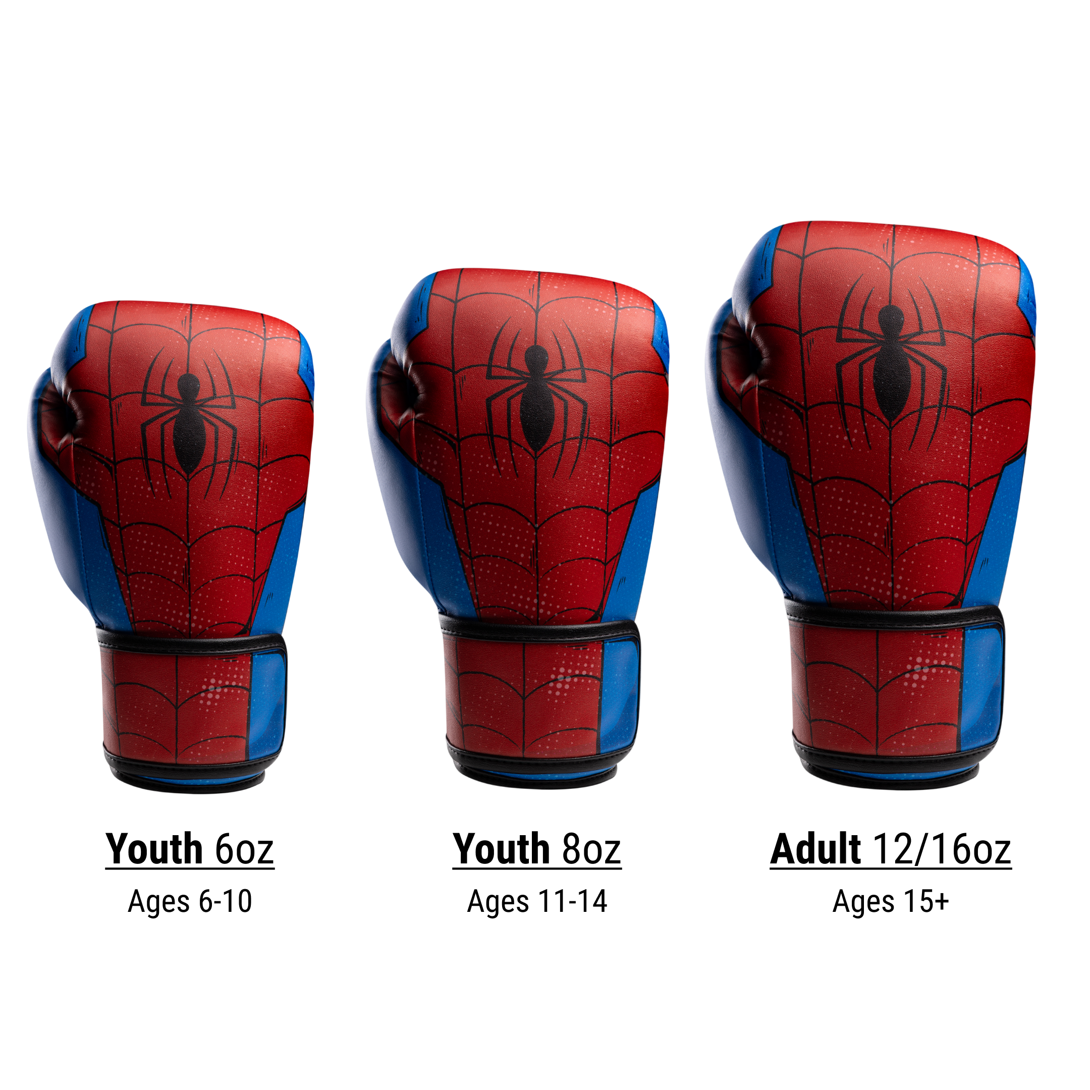 Tabella delle taglie per guantoni Spider-Man suddivisa tra taglie bambini e adulti