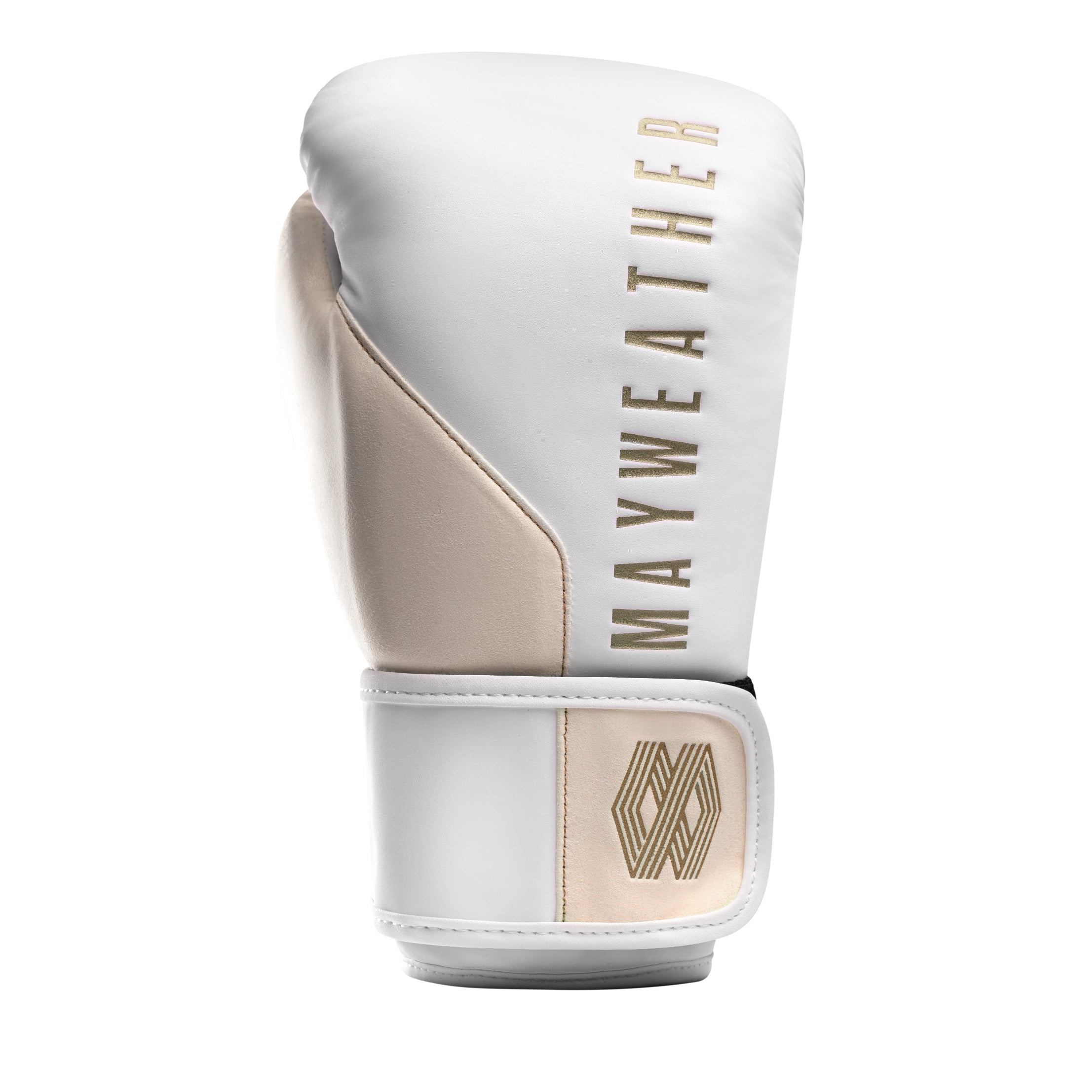 Dettaglio del sistema di chiusura Dual-X e supporto polso Triple-Splint dei guantoni Mayweather Champ bianco oro