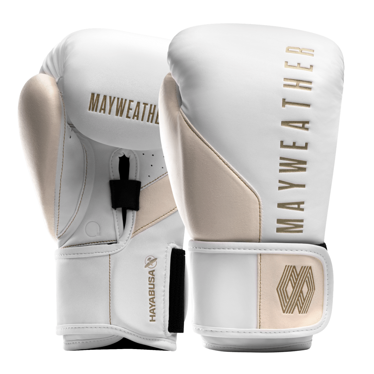 White and gold Mayweather Champ boxing gloves seen from the front in close-up