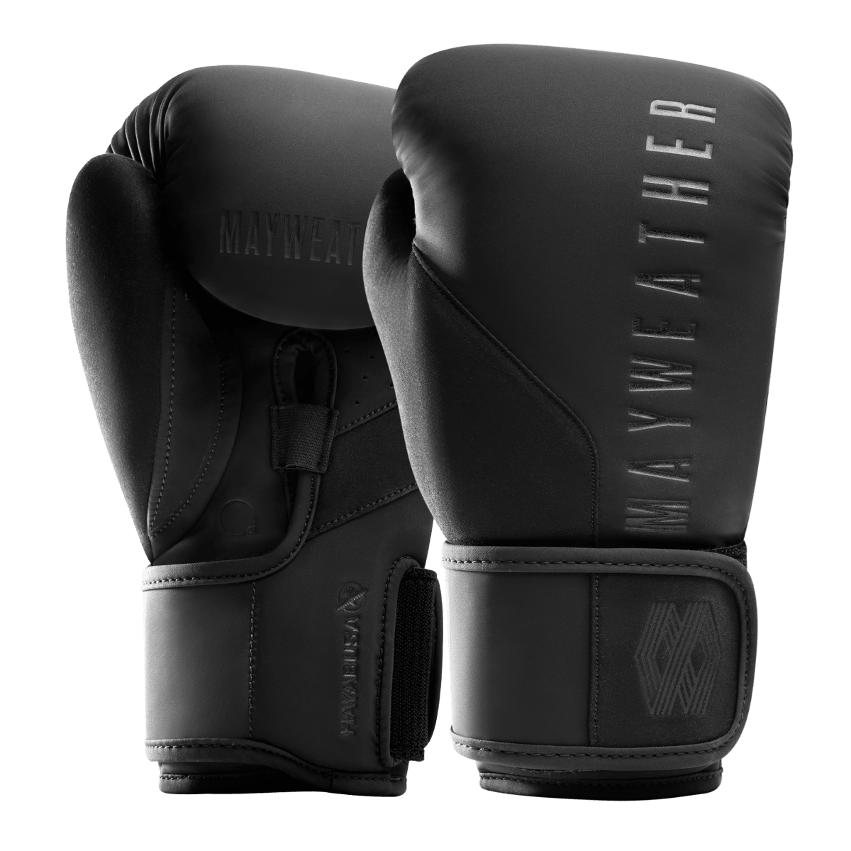 Total black Mayweather Champ boxing gloves seen from the front in the foreground