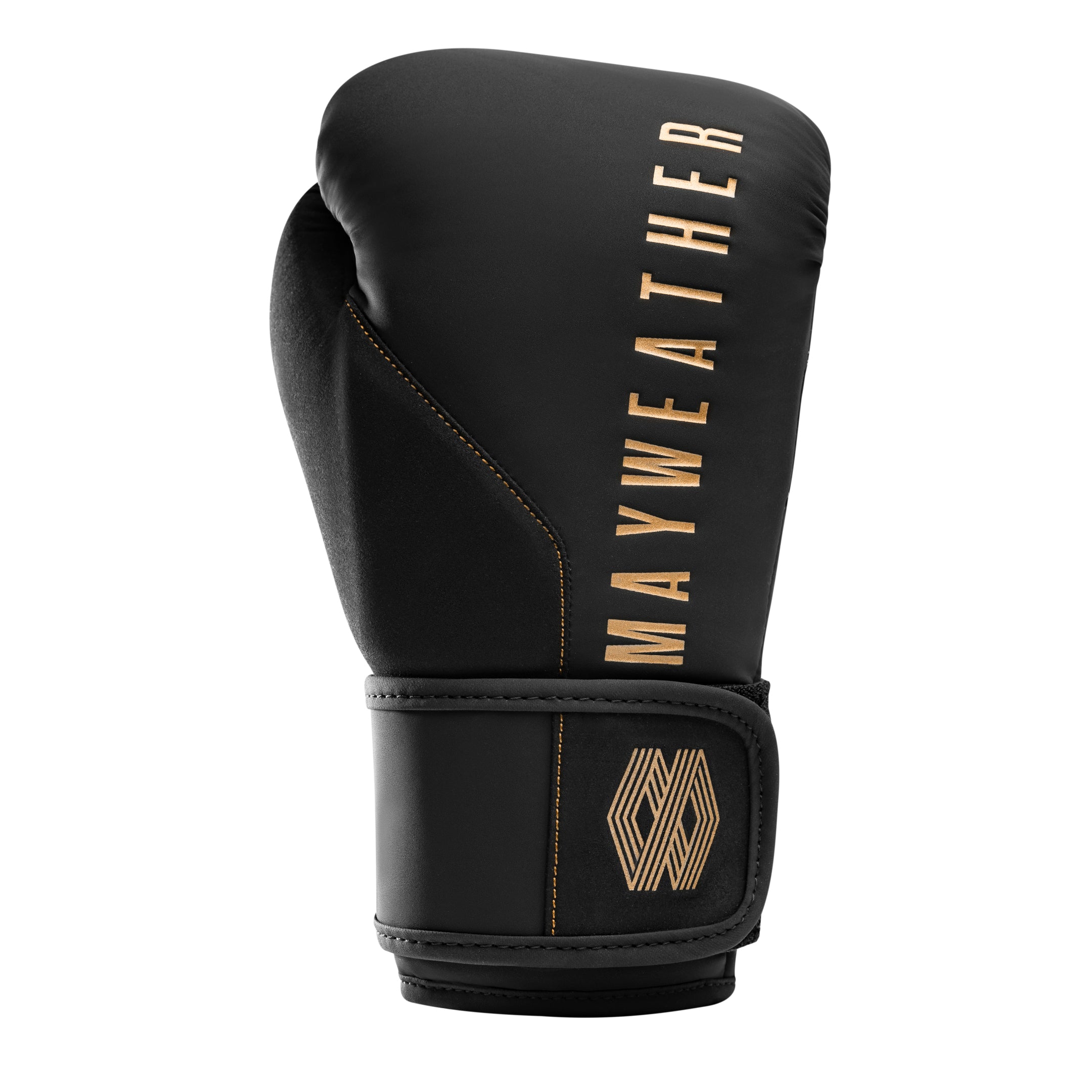 Dettaglio del sistema di chiusura Dual-X e supporto polso Triple-Splint dei guantoni Mayweather Champ nero oro