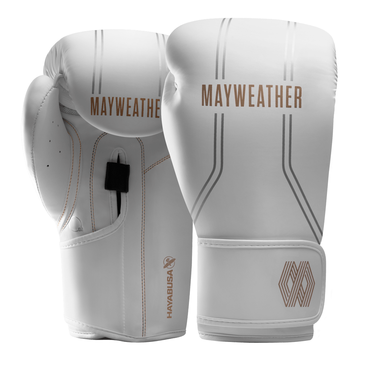 Ett par vita och guld Mayweather Hayabusa Contender boxningshandskar, framifrån