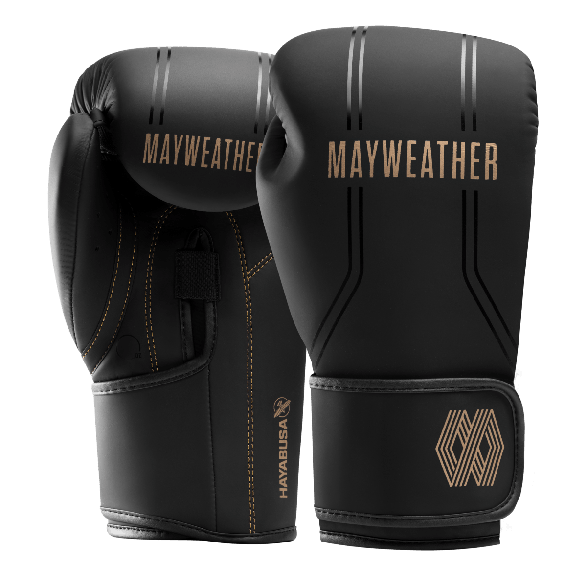 Paire de gants de boxe Mayweather Hayabusa Contender noirs et dorés, vue d'ensemble