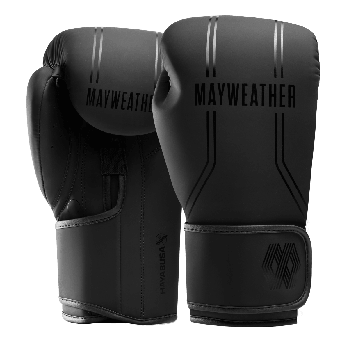 Ett par helt svarta Mayweather Hayabusa Contender boxningshandskar