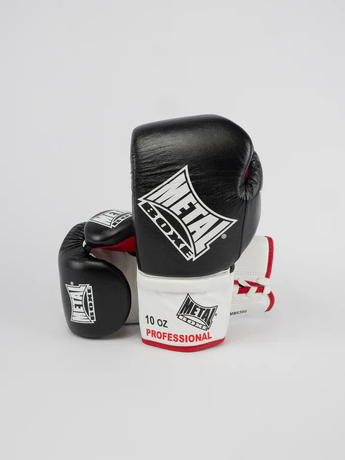 Vista frontale guantoni professionali Metal Boxe Pro Sirius neri in pelle