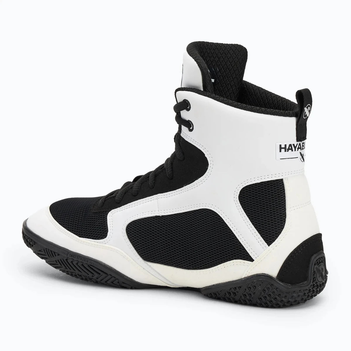 Lightweight silhouette Hayabusa Pro boxing shoes white and black side profile.