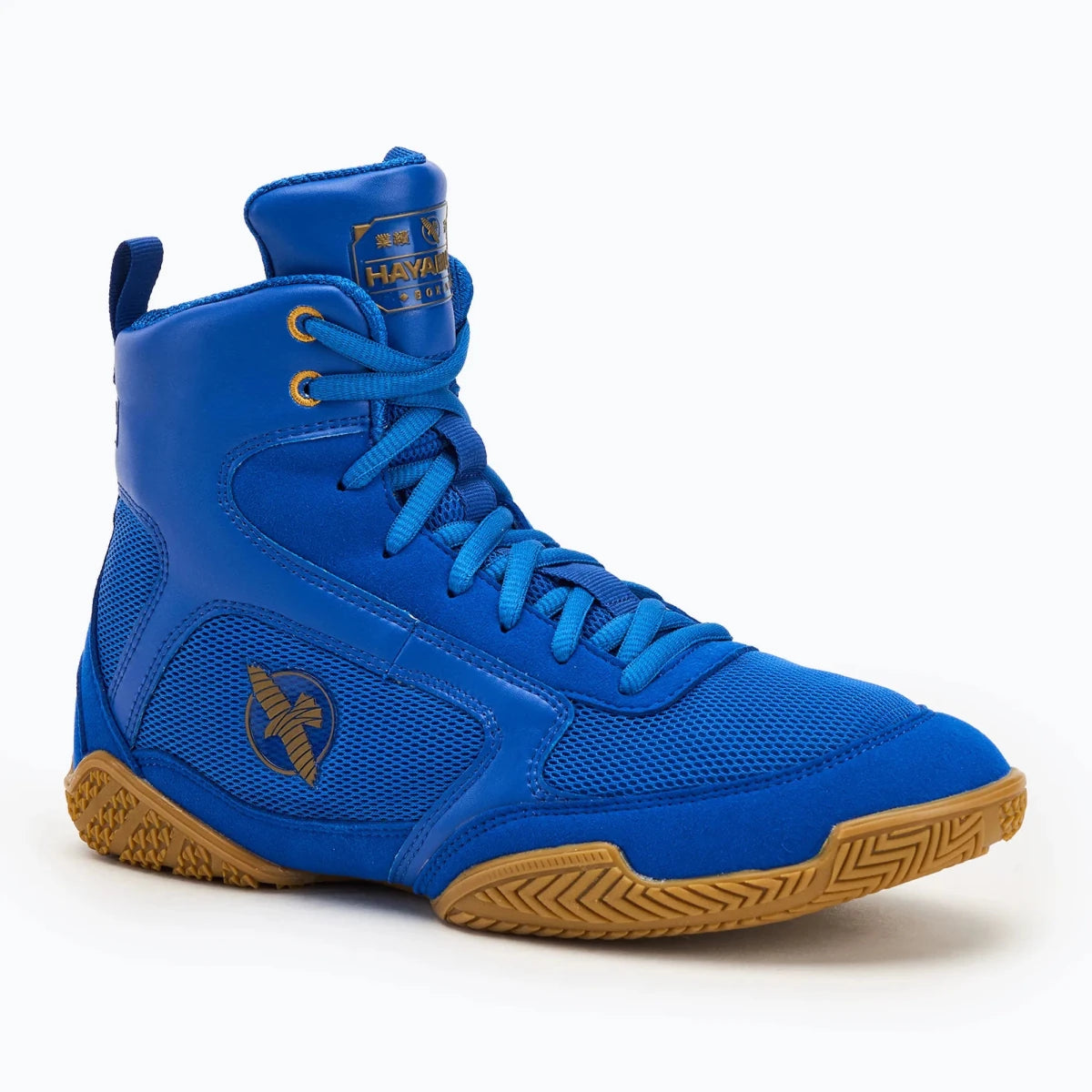 Hayabusa Pro blue boxing shoes front view for explosive footwork.