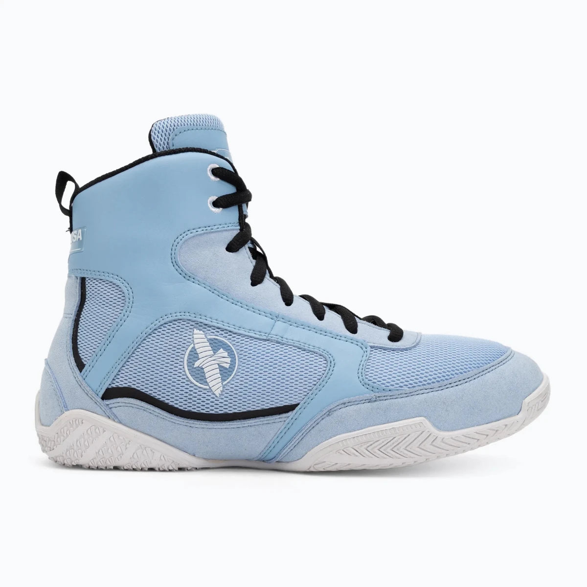 Finish detail and logo of Hayabusa light blue boxing shoes.