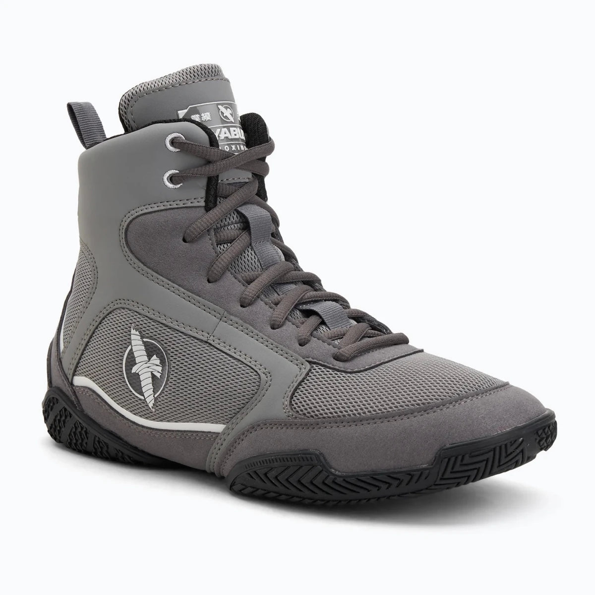 Back view gray Hayabusa boxing shoes stable ankle support.