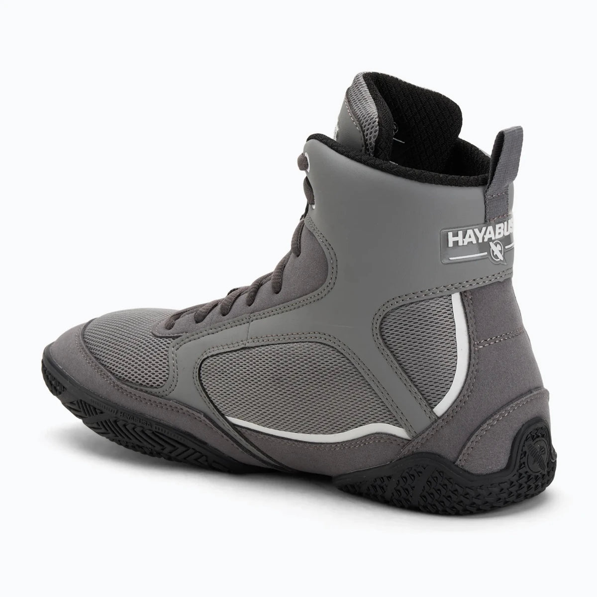 Breathable mesh panels on gray profile Hayabusa Pro boxing shoes.