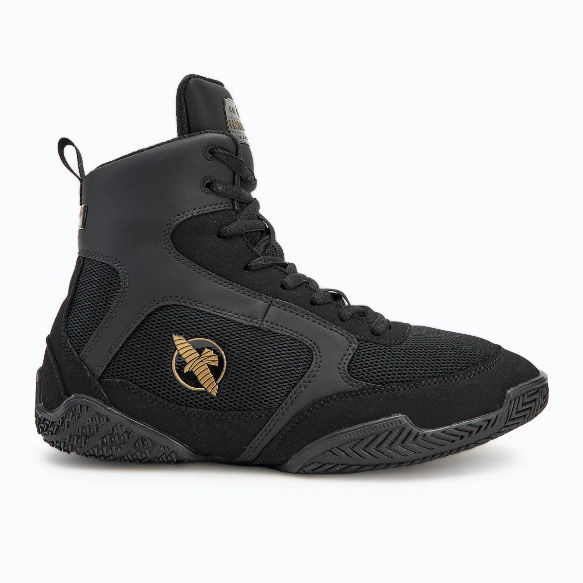 Detail of the black Hayabusa boxing shoes microfiber leather materials.