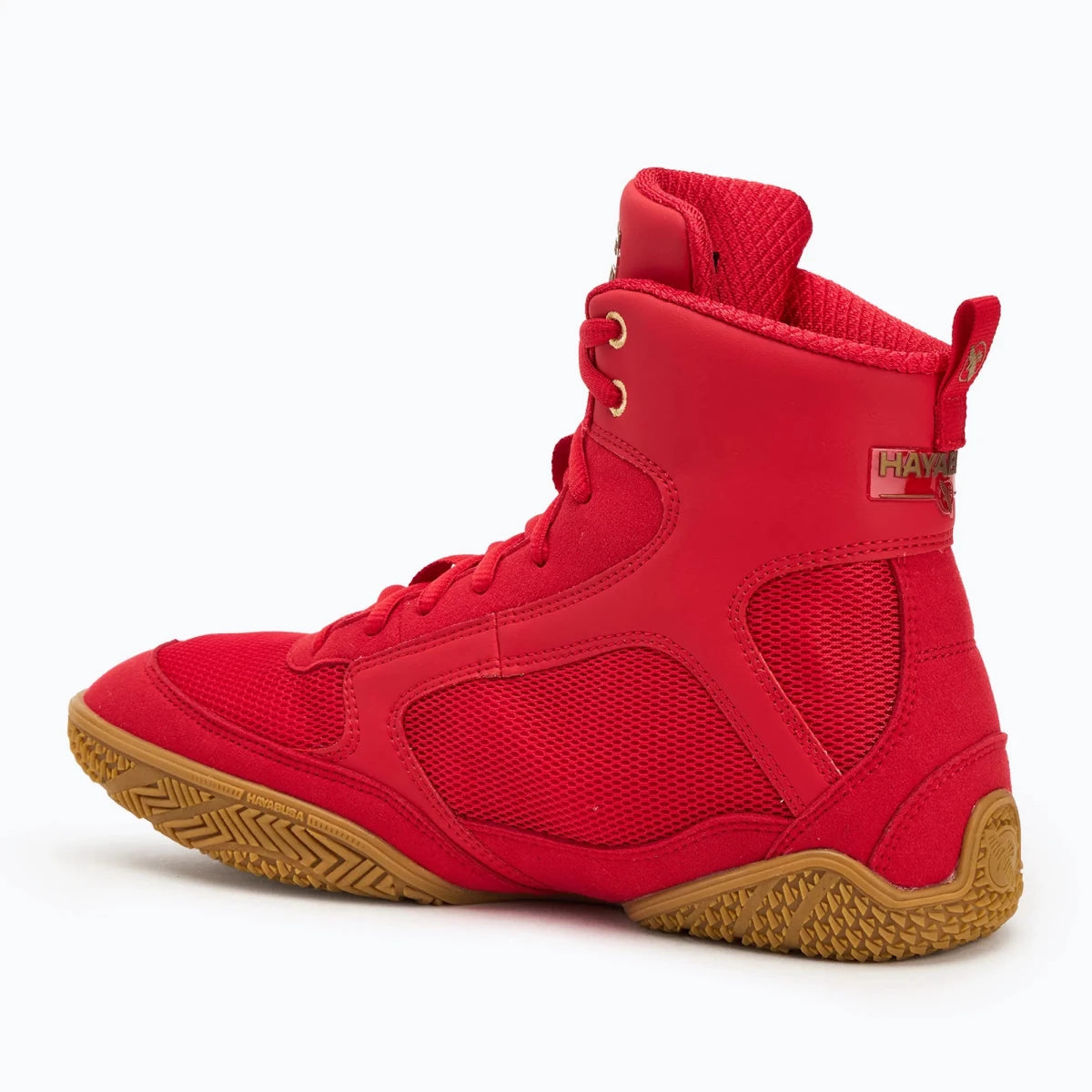 Detail breathable materials Hayabusa Pro red boxing shoes.