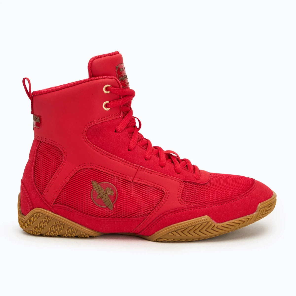 Red Hayabusa Pro boxing shoes for fighting and sparring front view.