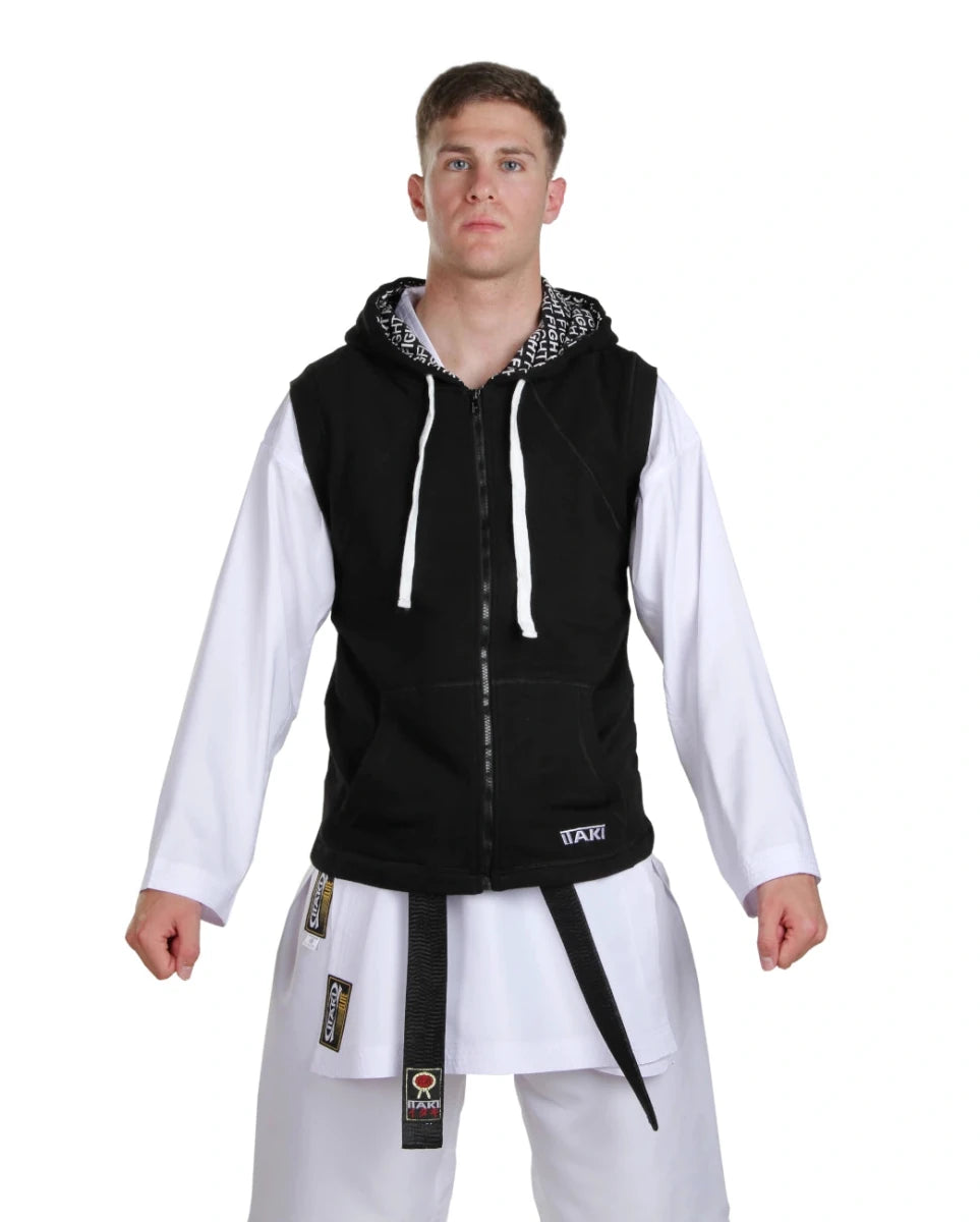 Front close-up of Itaki men's sleeveless hoodie, sporty color with logo