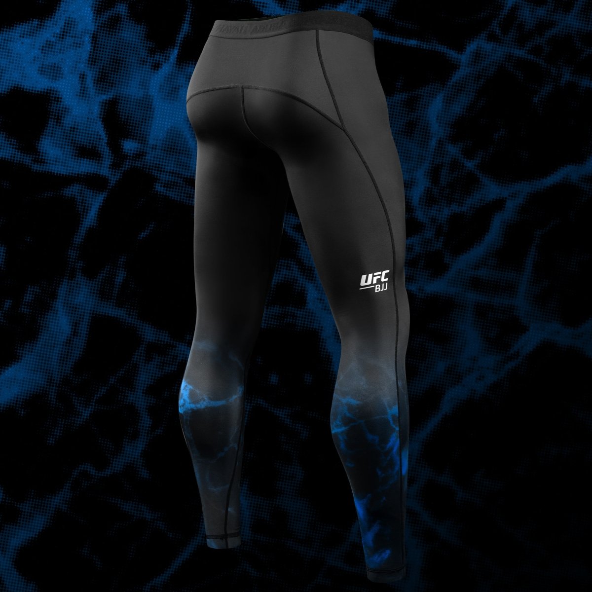 Vista traseira da legging UFC BJJ Spats preta e azul, com destaque para o cós antiderrapante