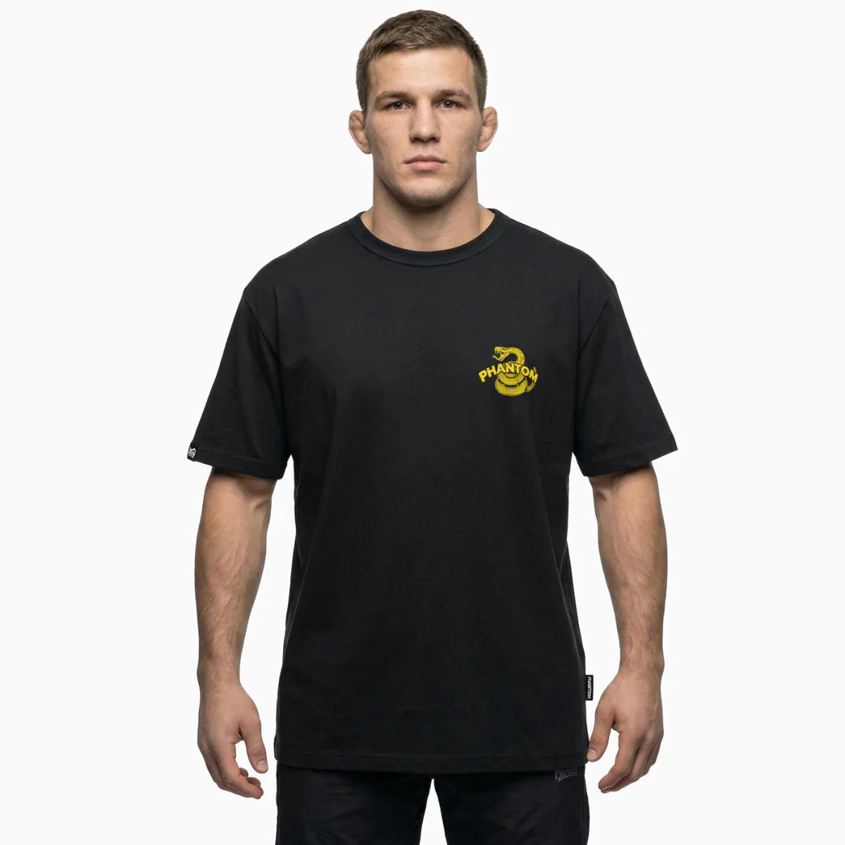 Vedere frontală a tricoului atletic Phantom Don't Tread On Me cu graficul șarpelui Gadsden galben