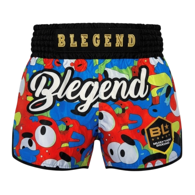Pantaloncini kick thai B LEGEND per bambini con grafica cartoon colorata.