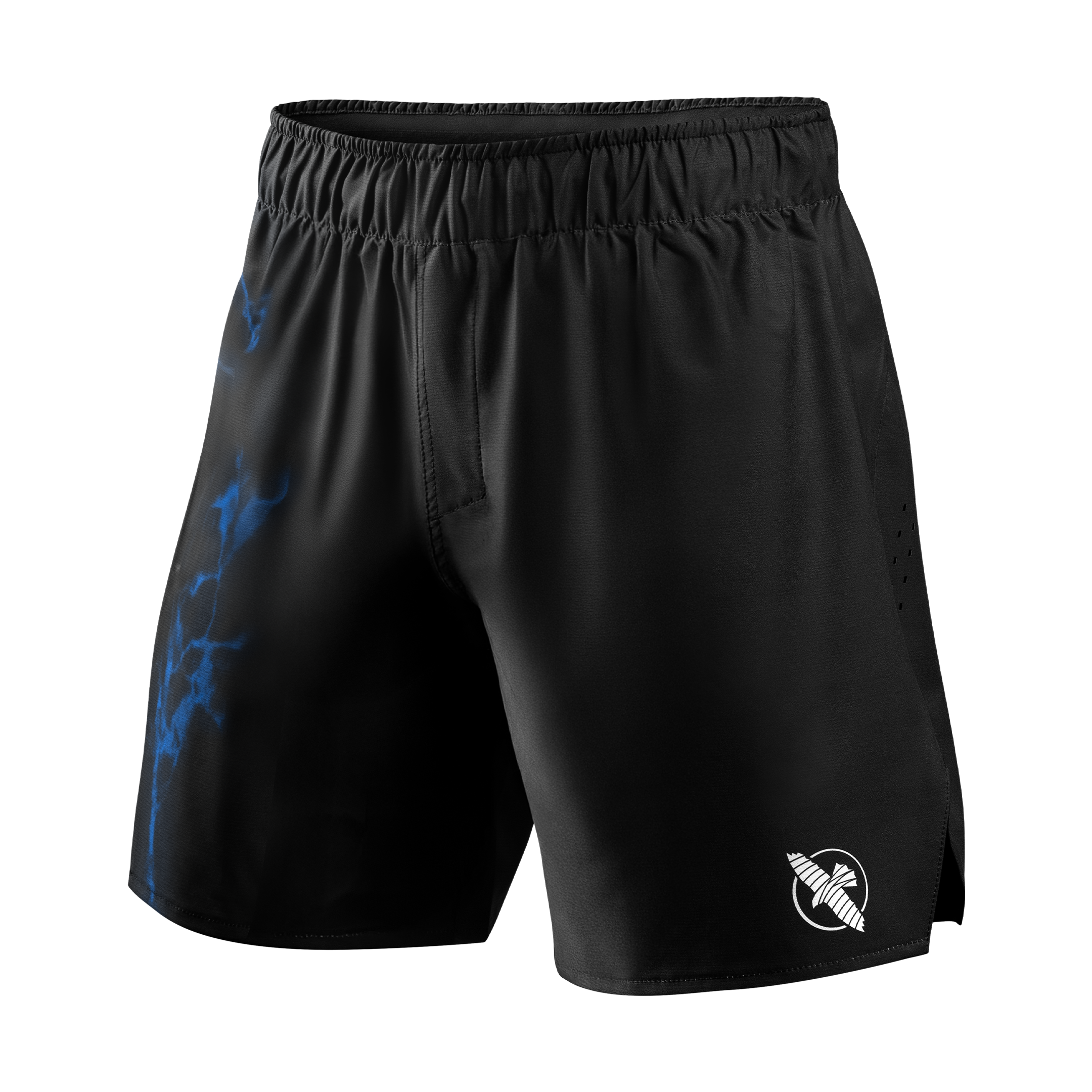 Vista frontale dei pantaloncini ufficiali UFC BJJ grappling neri con dettagli blu e chiusura a cordoncino