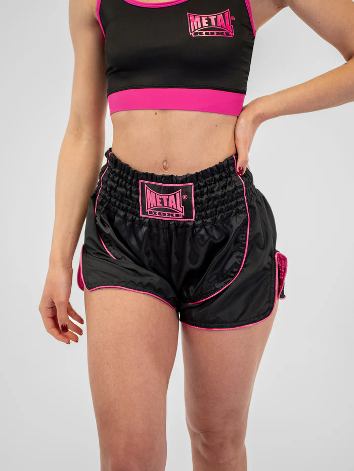 Vista frontale principale pantaloncini Muay Thai donna Metal Boxe Siam nero viola