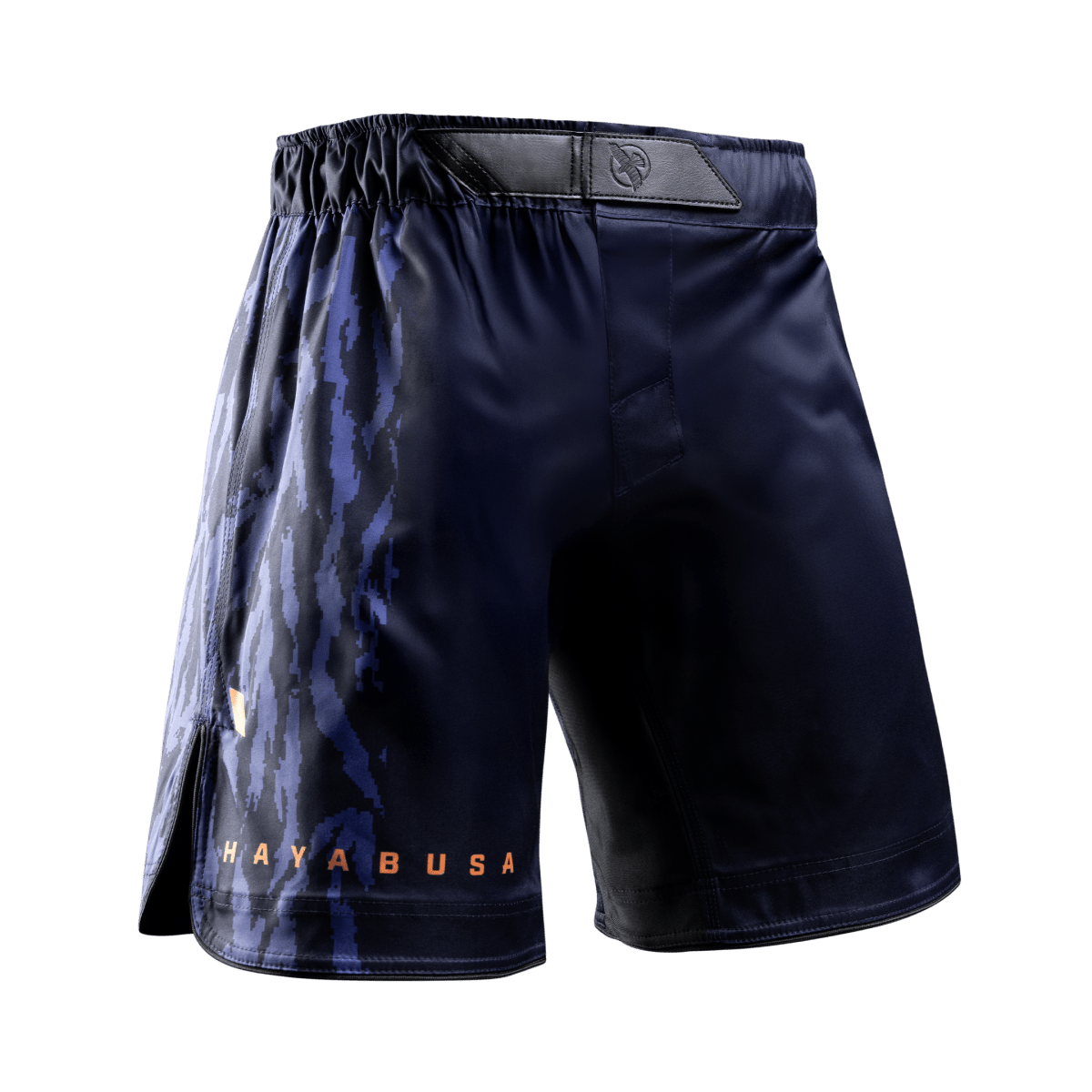 Framifrån av de blå Hayabusa Apex Full-Length MMA-shorts, halkfri silikonfodrad midja