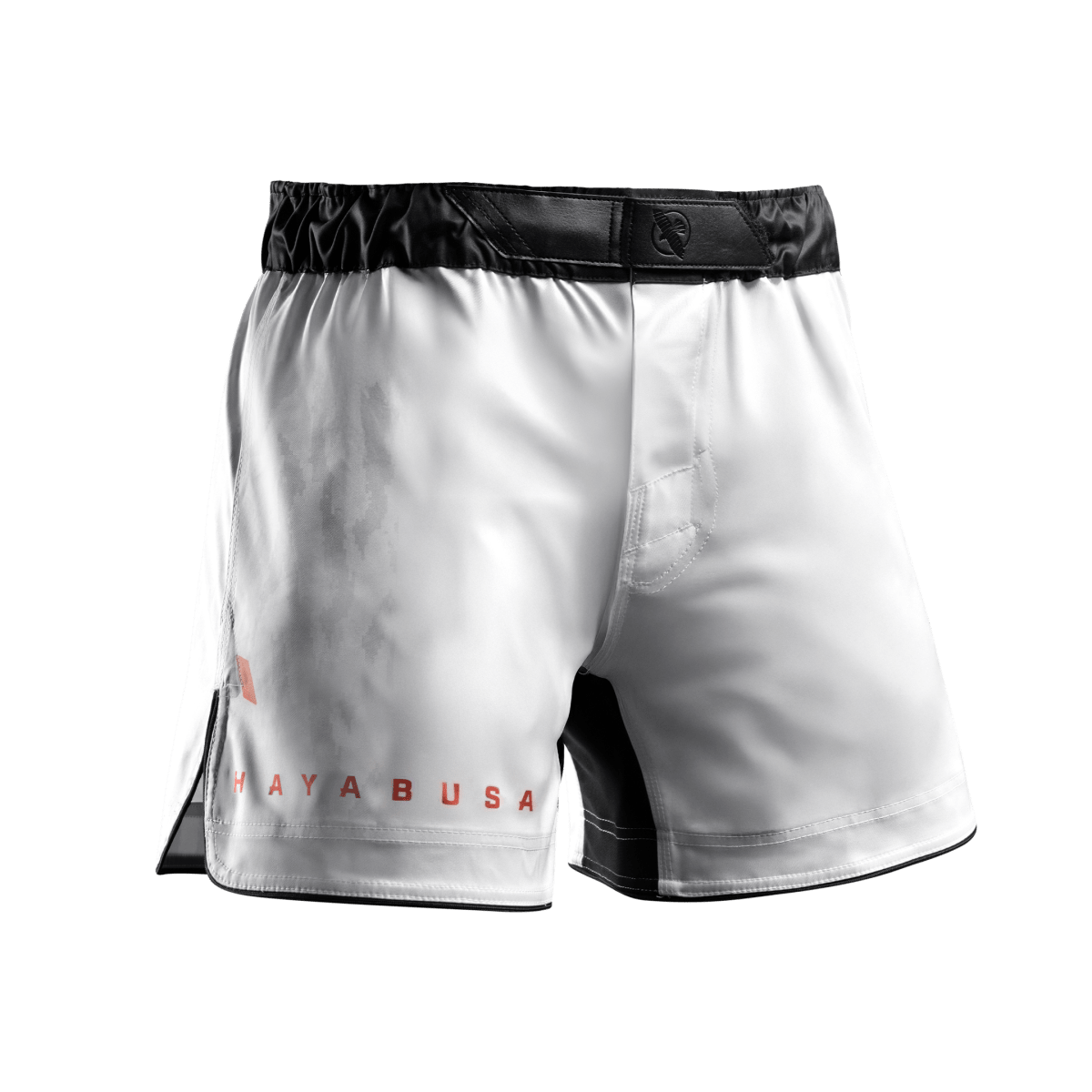 Widok z przodu białych spodenek MMA Hayabusa Apex Mid-Thigh MMA zapinanych na zatrzask
