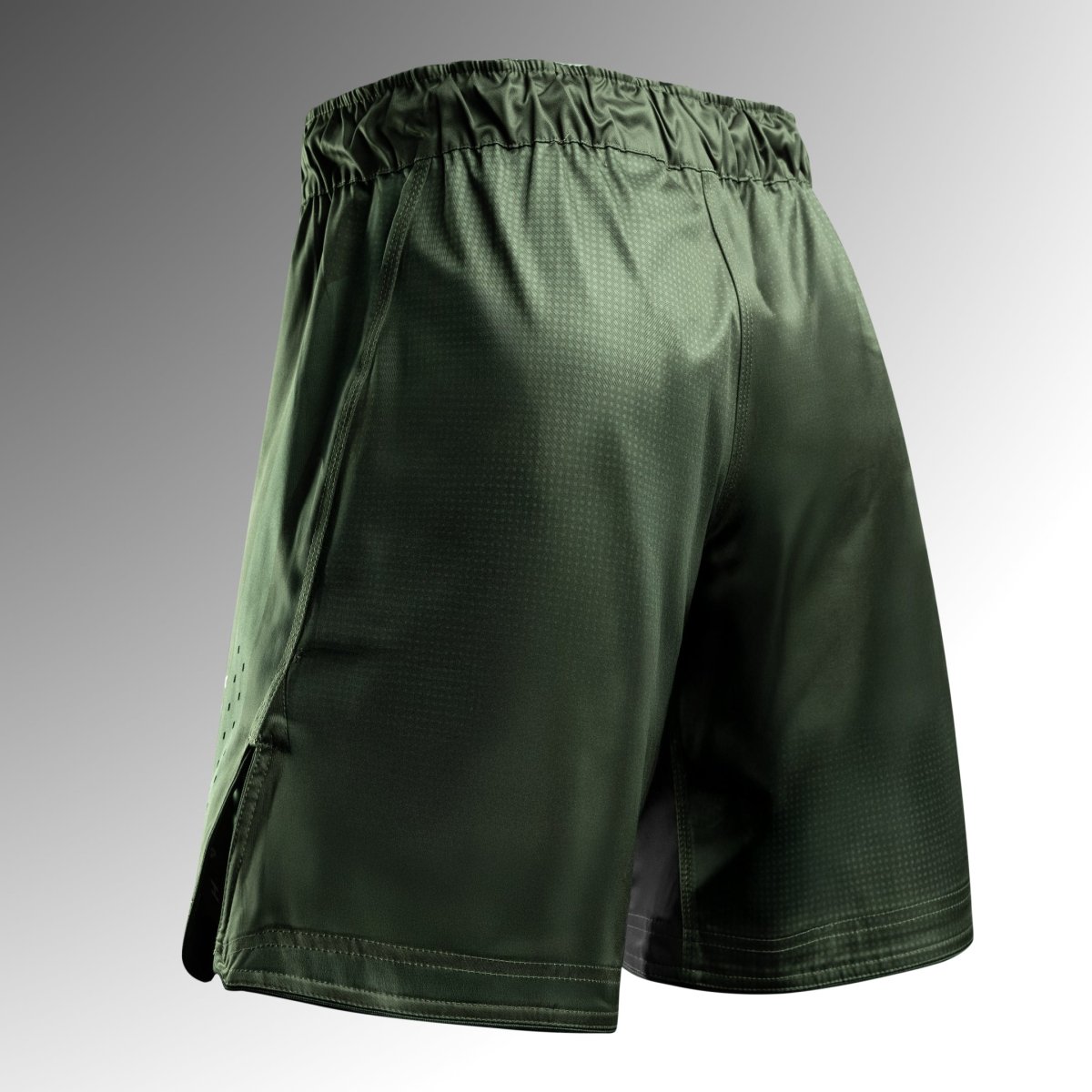 Achteraanzicht van de groene Hayabusa Core Full-Length MMA Shorts, duurzaam ontwerp voor intensieve training