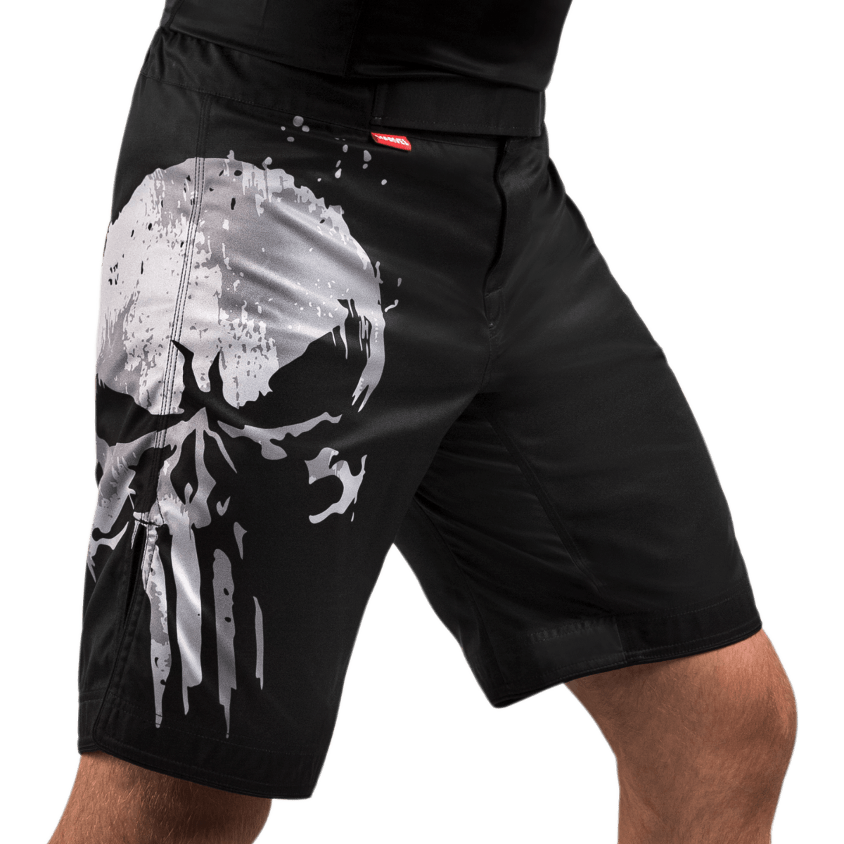 Athlete wearing the Hayabusa Marvel Punisher MMA Shorts, front view showing the ergonomic cut and combat fit