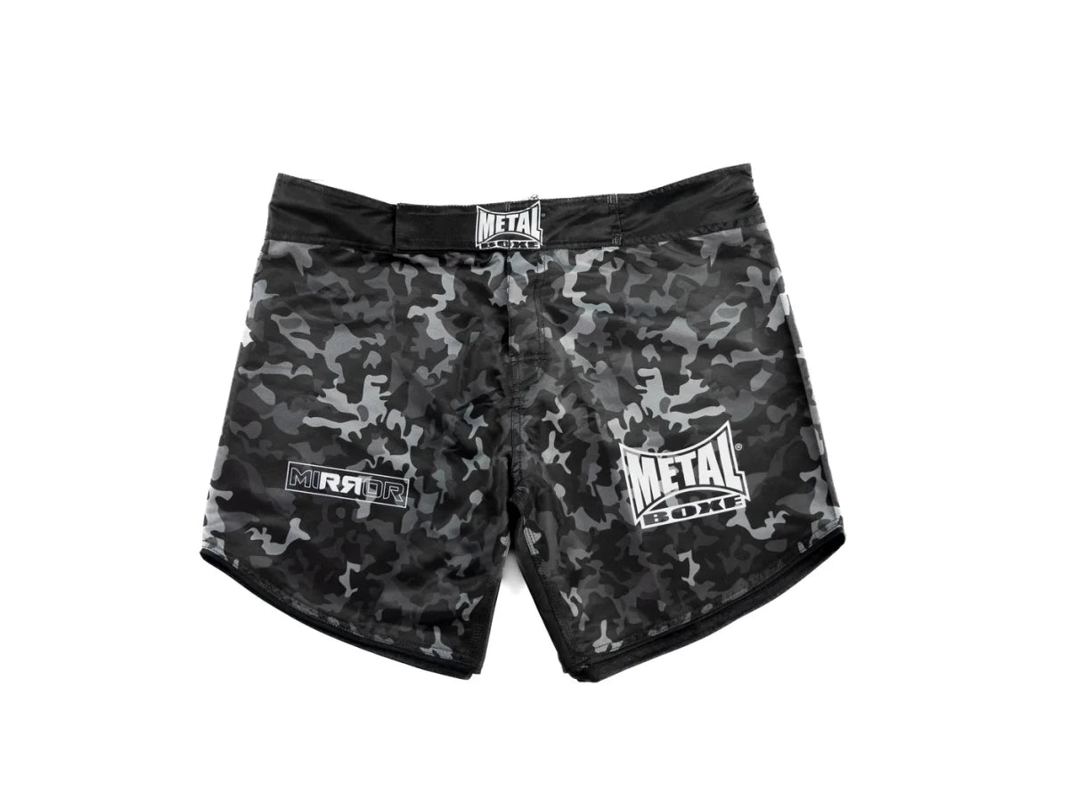 Huvudvy framifrån MMA-shorts Metal Boxningsspegel blank svart spegeleffekt