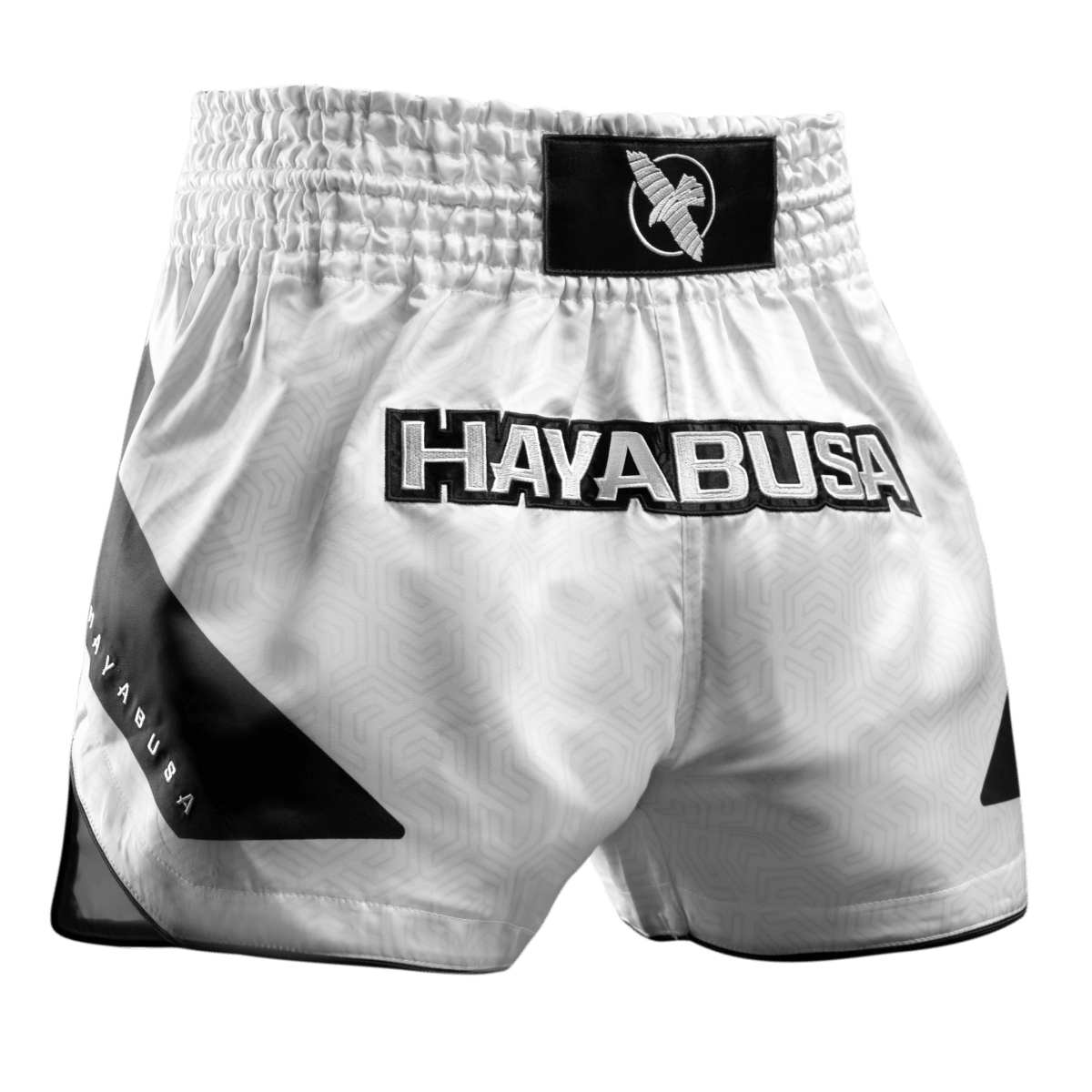 White Hayabusa Core Muay Thai shorts seen from the front in satin fabric