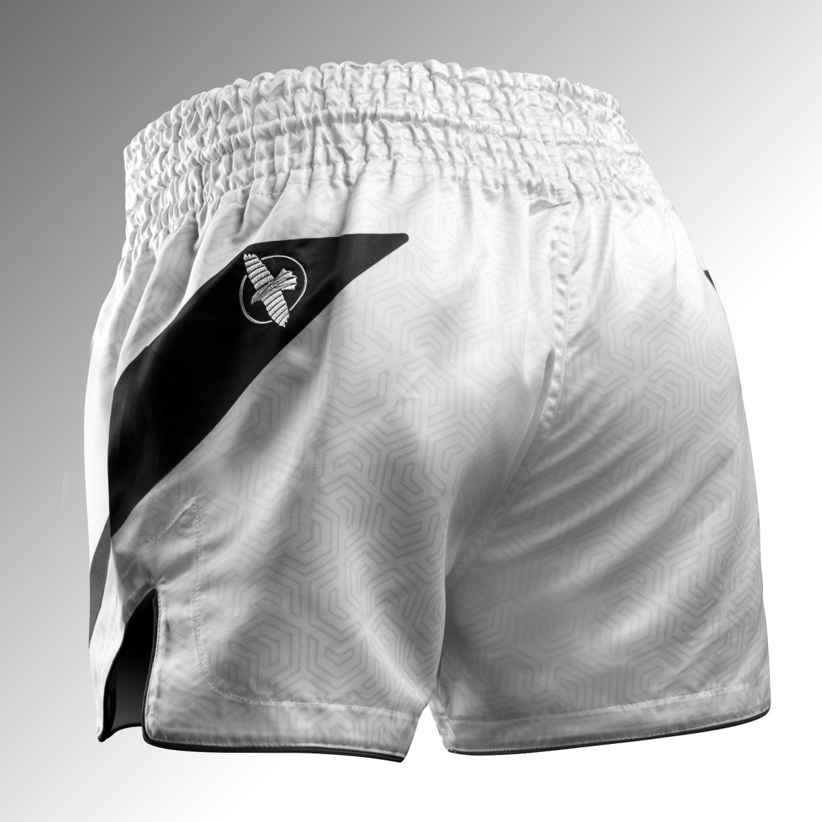 Back of the white Hayabusa Core Muay Thai shorts with elastic waistband