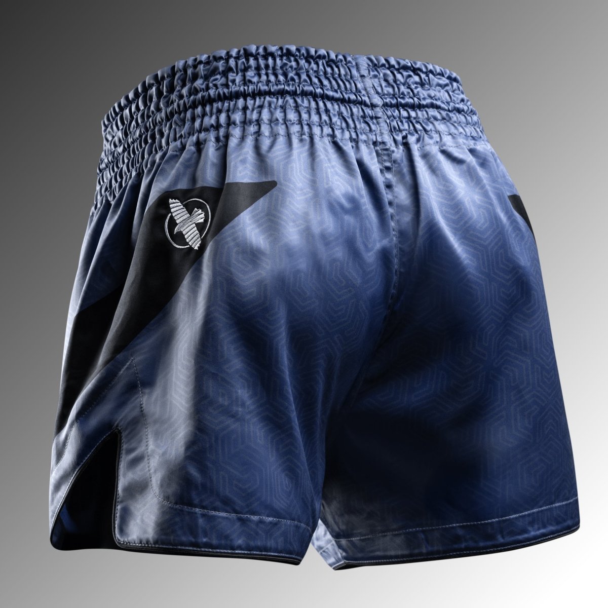 Back of the blue Hayabusa Core Muay Thai shorts with elastic waistband