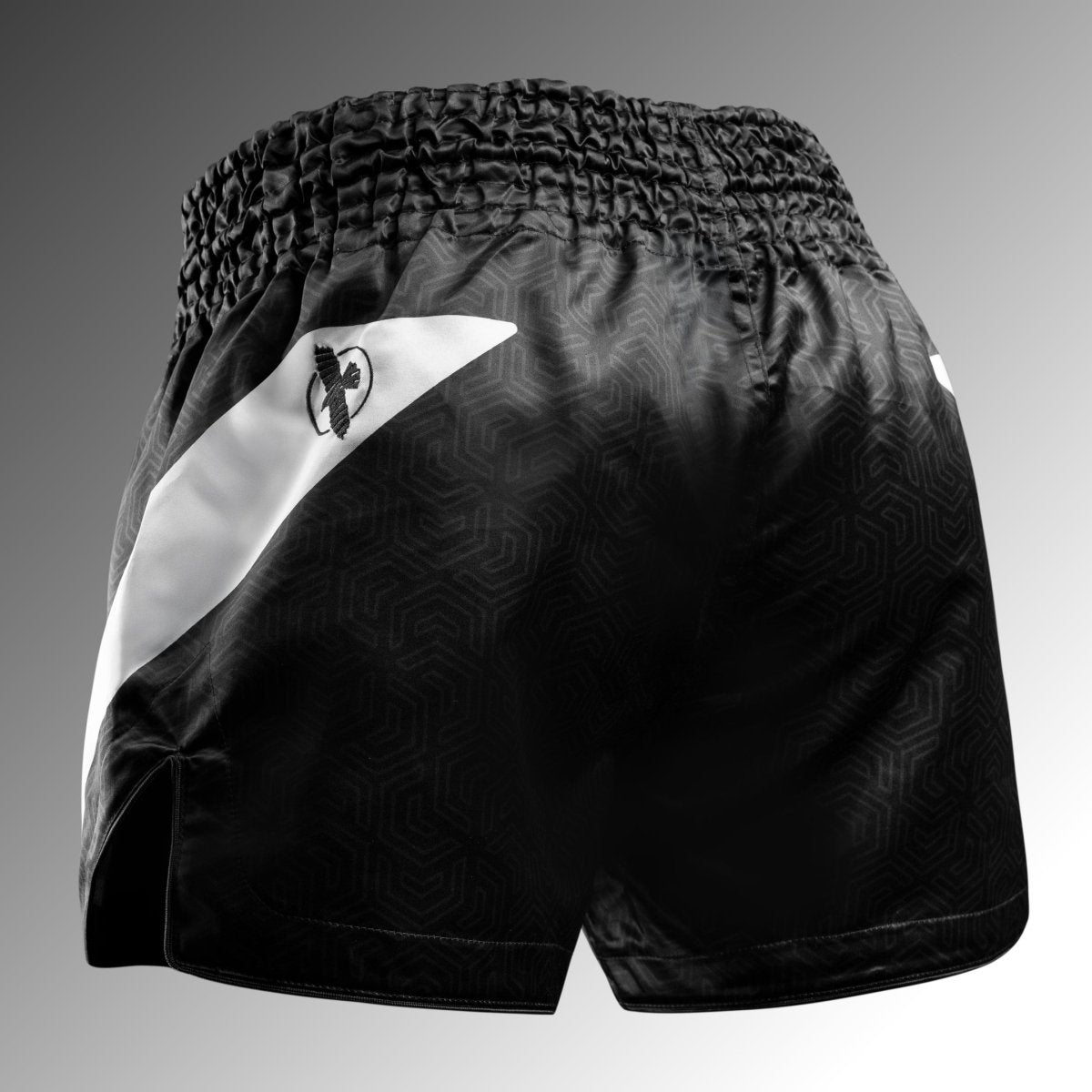 Back of the black Hayabusa Core Muay Thai shorts with elastic waistband