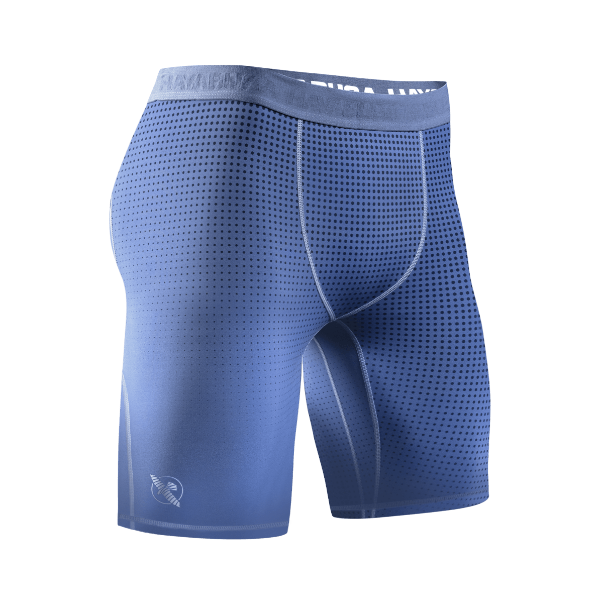 Vooraanzicht van de blauwe Vale Tudo Hayabusa Core-short, tailleband met siliconen grip