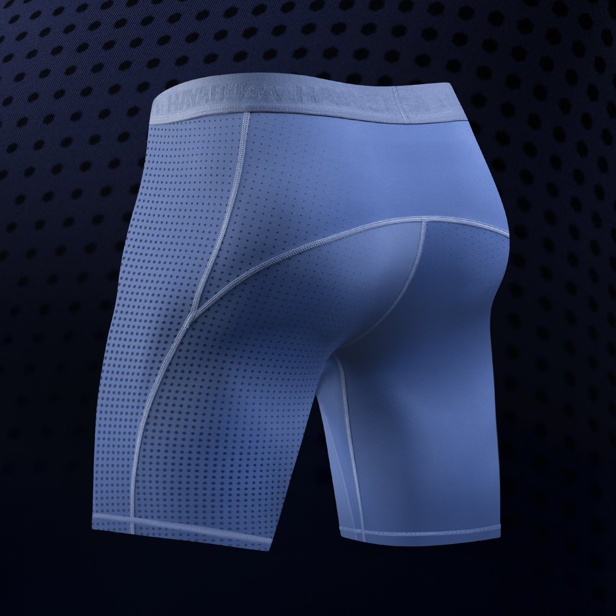 Achteraanzicht van de blauwe Hayabusa Core-short, geavanceerde spierondersteuning
