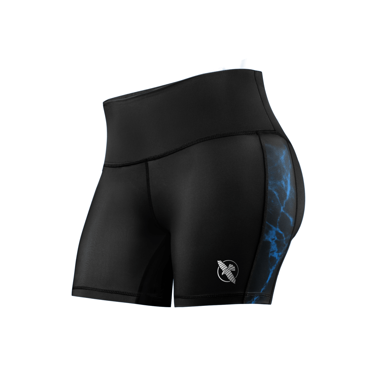 Vooraanzicht van de zwarte Vale Tudo UFC BJJ damesshort met blauwe details