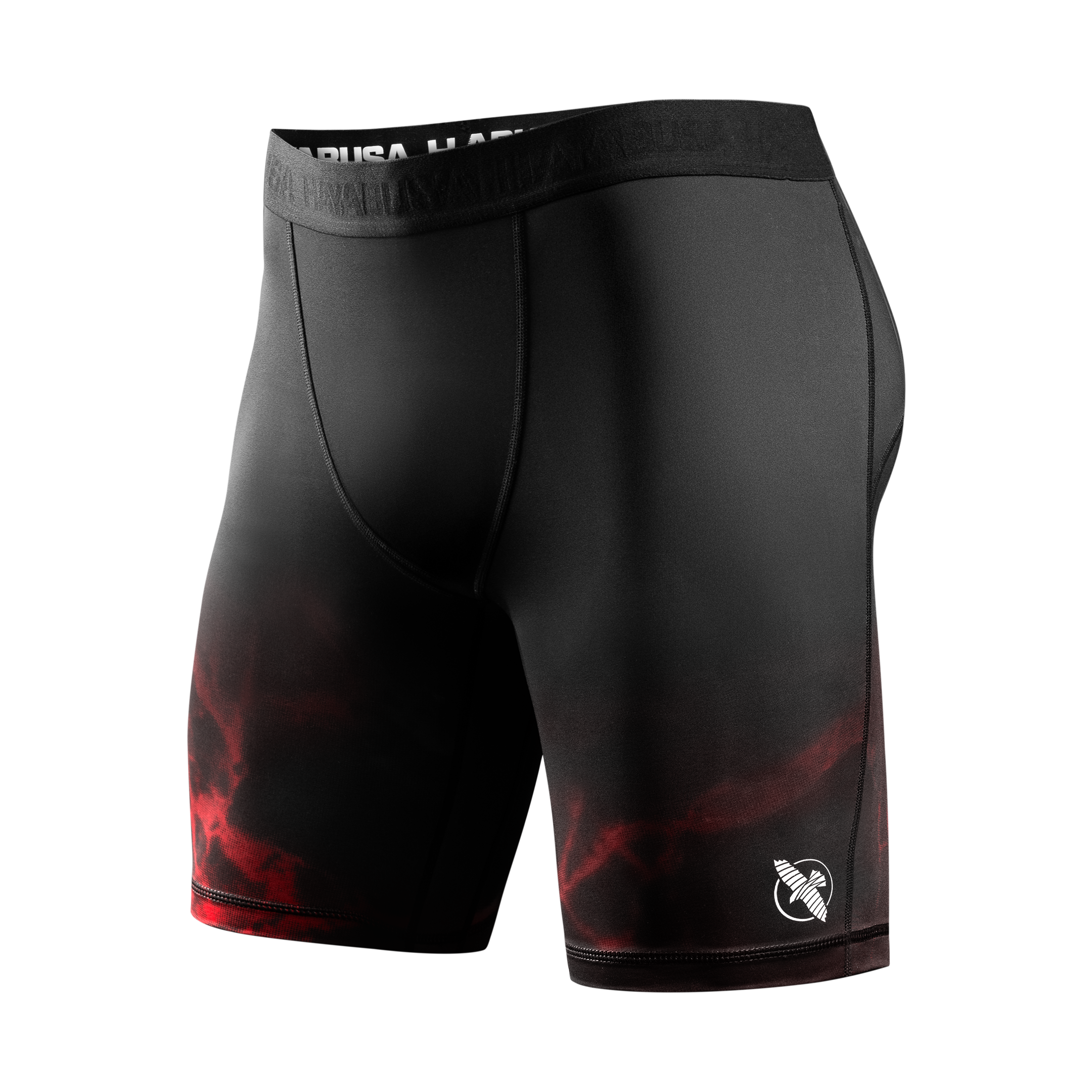Vista frontale dei pantaloncini Vale Tudo ufficiali UFC BJJ neri con dettagli rossi, vestibilità a compressione