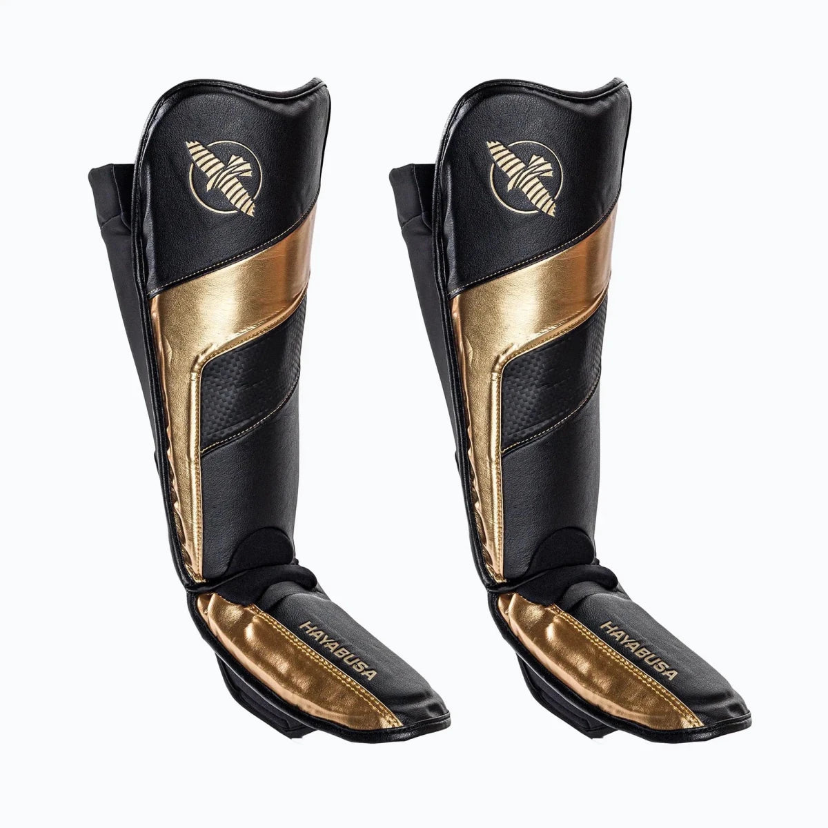 Protège-tibia Hayabusa T3 Full Back noir or, édition spéciale pour le Muay Thai et le Kickboxing.