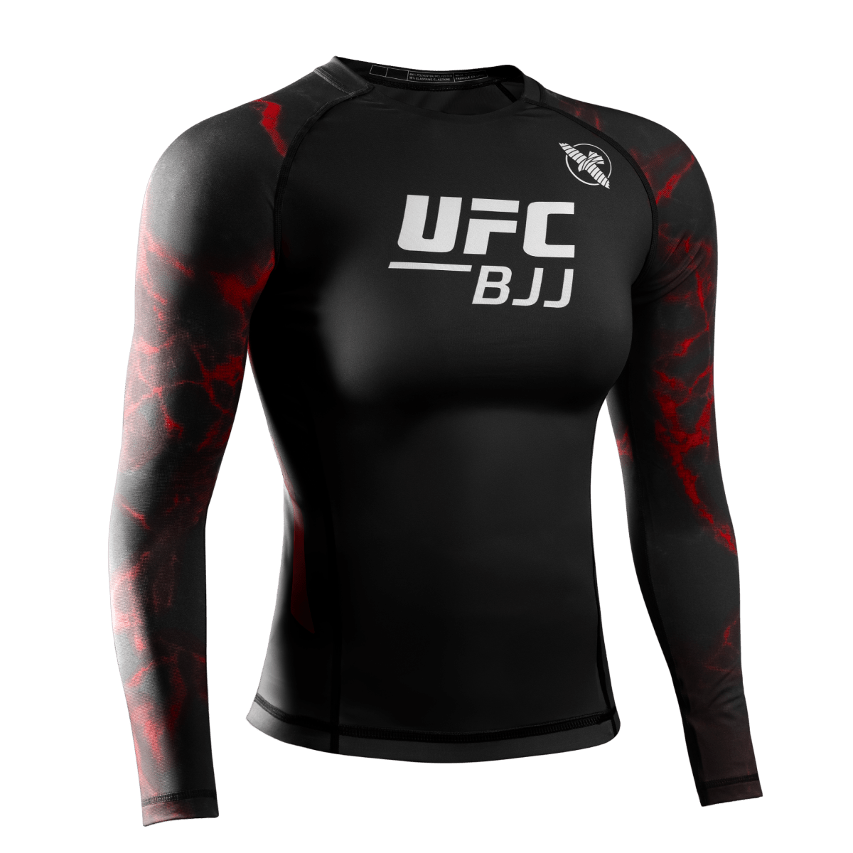 Framifrån av UFC BJJ långärmat utslagsskydd för kvinnor i svart med röda detaljer, 200 GSM kompressionstyg